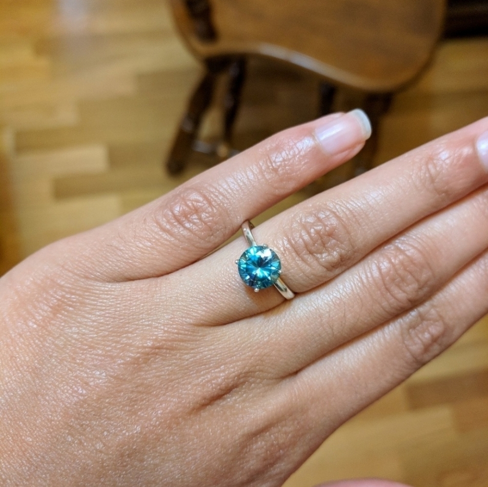 1.7 ct Green Blue Moissanite Engagement Ring